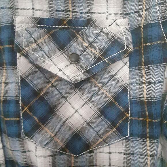 Vintage Roebuck & Co Mens Medium Blue Plaid Button Up Shirt Pearl Snap Western - Picture 2 of 10